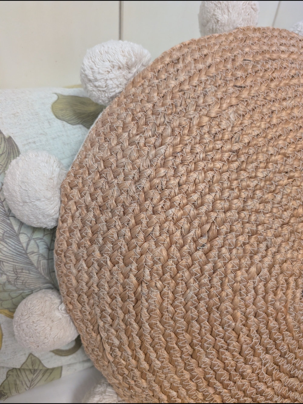 Bohemian Large Round Woven Jute Pillow With Pom Poms - Picture 5 of 13